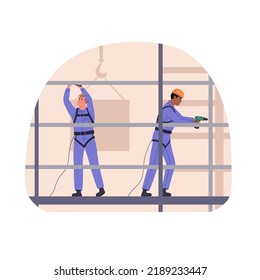 Generadores instalando la estructura del edificio. Trabajadores en construcción a su altura. Hombres constructores de sombreros rígidos trabajan, instalación de marcos metálicos. Ilustración vectorial plana aislada en fondo blanco