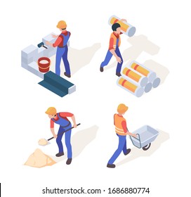 Builders isometric. Construction workers in helmet and professional uniform vector people in action poses