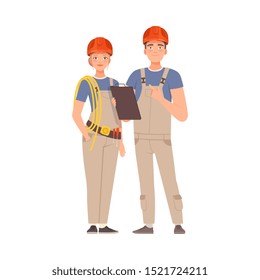 Builders man and woman in gray overalls. Vector illustration.