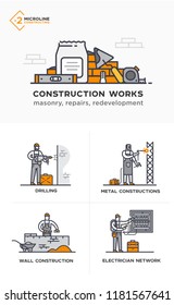 Builders, masonry, metal structures, electricity, walls. Stages of construction. lined icon icons. Advertising booklet site infographic Vector illustration