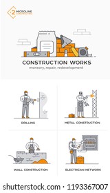 Builders, masonry, metal structures, electricity, walls. Stages of construction. lined icon icons. Advertising booklet site infographic Vector illustration