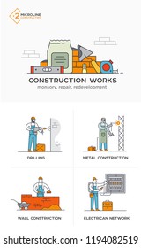 Builders, masonry, metal structures, electricity, walls. Stages of construction. lined icon icons. Advertising booklet site infographic Vector illustration