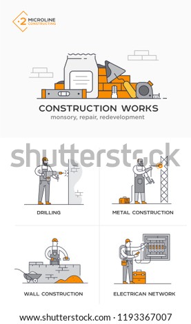 Builders, masonry, metal structures, electricity, walls. Stages of construction. lined icon icons. Advertising booklet site infographic Vector illustration