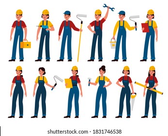 Builders. Men and women professional contractors, technician with toolbox, painter, carpenter and mechanic in uniform and helmet. Handyman with tools saw, hammer and paint roller flat vector character svg