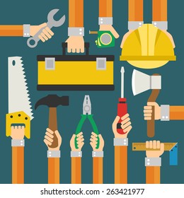  Builders Modern flat background with hand .Vector illustration