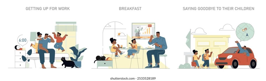 Builder's morning routine set. Man wakes, enjoys breakfast with family, and bids farewell to kids. Daily life balance, family values. Vector illustration.