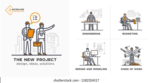 Builders, a new project, engineer, estimates. Stages of construction. lined icon, icons. Advertising booklet site infographic Vector illustration