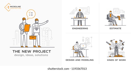 Builders, a new project, engineer, estimates. Stages of construction. lined icon, icons. Advertising booklet site infographic Vector illustration