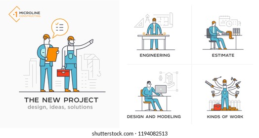 Builders, a new project, engineer, estimates. Stages of construction. lined icon, icons. Advertising booklet site infographic Vector illustration