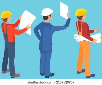 Builders on building site looking at plan. Business plan development. Inspector, manager and foreman discussing building project at construction site. Architect engineer holding real estate drawing