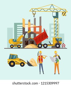 Builders on the construction site. Building work process with houses and construction machines. Vector illustration with people.
