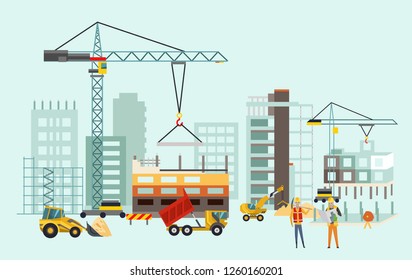 Builders on the construction site. Building work process with houses and construction machines. Vector illustration with people.