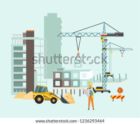 Builders on the construction site. Building work process with houses and construction machines. Vector illustration with people.