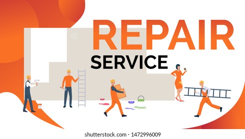 Builders in overalls painting wall. Male and female cartoon characters with text. Vector illustration for repair service, promotion, banner