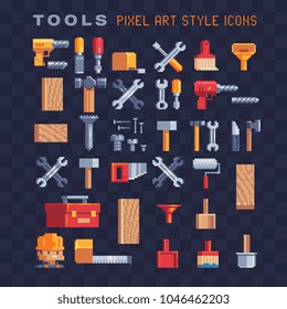 Builders pixel art icons set. Construction tool symbols. Carpentry wood work tools and equipment. Design for mobile app, web, logo. Isolated vector illustration on background. Game assets 8-bit sprite