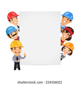 Builders Presenting Empty Vertical Banner. Isolated on White Background.