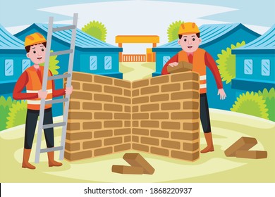 Builders profession with vector illlustration. Flat design with cartoon characters.