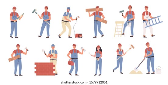 Builders and repair masters flat vector illustrations set. Construction and repair work, constructing and renovation. People with building tools cartoon characters bundle isolated on white background.