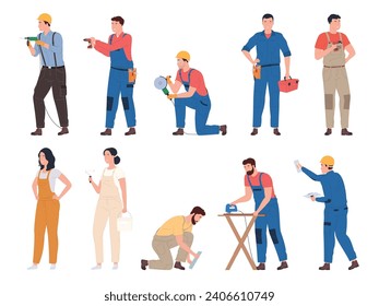 Builders, repairmen. Men and women in uniform with professional tools. Construction and repair works. Vector illustration