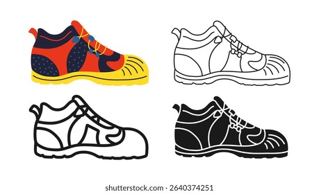 Builders safety boots icon symbol set. Modern construction protective worker safety boots footwear for builder mechanic plumber carpentry service. Professional shoes sign design vector illustration