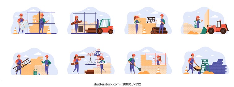 Builders scenes bundle with people characters. Engineer, painter, road worker and bricklayer working at construction site situations. Professional engineering and building flat vector illustration