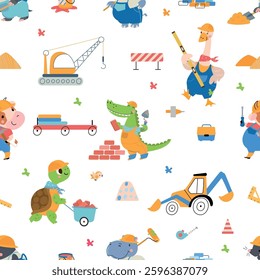 Builders seamless pattern. Funny crocodile goose cow hippo and turtle wear helmets and working with building tools. Animals print, nowaday vector background