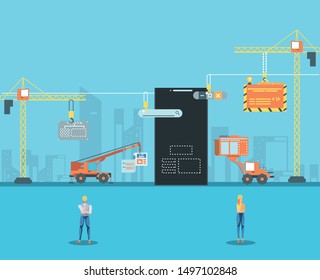 builders and smartphone with webpage under cosntruction