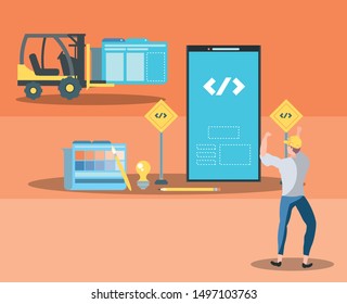 builders and smartphone with webpage under cosntruction