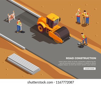 Builders and surveyors with machinery and warning signs during road construction isometric composition vector illustration