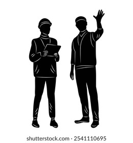 builders talking silhouette on white background, vector