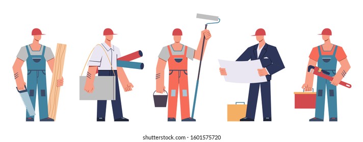 Builders team. Construction engineers, contractors and architects, technicians and professional builders with tools, cartoon vector engineering isolated people concept