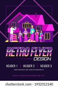 Builders team posing for photo in front of house. Worker, helmet, camera flat vector illustration. Construction or architecture concept for banner, website design or landing web page