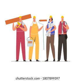 Builders Team, Professional Contractors, Technician, Mechanics, Construction Worker People Teamwork Flat Vector Illustration
