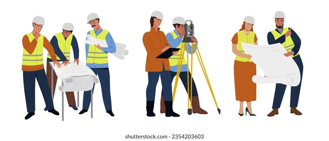 Builders team set. Surveyors and engineers in protective helmets with equipment and theodolite. Employees discuss construction business project. Cartoon flat vector isolated on white background