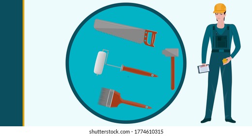 Builder's tools - foreman in a helmet, in coveralls - vector. Labor Day. Poster. Banner. Builder's Day