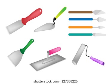 Builders Tools, An Illustration Collection of Hand Tools for Construction, Trowel, Putty Knife, Paint Scraper and Paint Roller