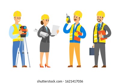 Builders with tools and instruments vector, lady with planning and scheme constrolling and supervising building process of workers male with walkie talkie