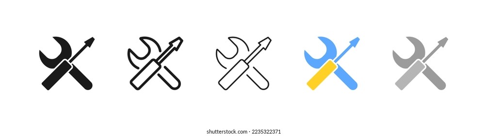 Builders tools set icon. Hammer, saw, shovel, wrench, paint roller, fence, building, setting, design. Construction site concept. Vector line icon for Business and advertising