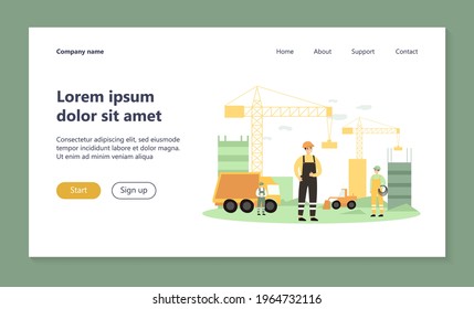 Builders in uniform building skyscrapers. Vehicle, crane, site flat vector illustration. Architecture and construction concept for banner, website design or landing web page