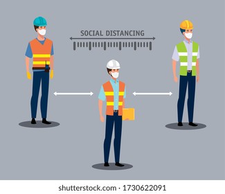 Builders Using Face Masks And Social Distancing For Covid19 Vector Illustration Design