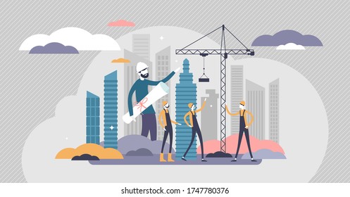 Builders vector illustration. House construction flat tiny persons concept. Occupation and profession to build house and develop urban city with new buildings. Repairman work and job daily scene.