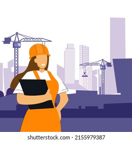 builders work engineer on construction in orange uniform  woman