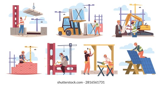 Builders work scenes. Construction site, builder worker carpenter bricklayer hardhat house roof woman man building contractor welding job safety helmet classy vector illustration