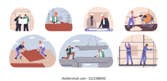 Builders at work set. Different construction workers in hard hats, working. Contactors planning and building houses. Constructors profession. Flat vector illustrations isolated on white background