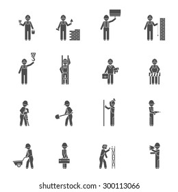 Builders and worker welder bricklayer handyman and plasterer silhouette flat black icon set isolated vector illustration