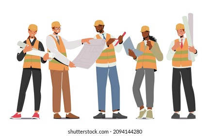 Builders, Workers Construction Engineers or Foreman Characters in Helmets with Tools and Blueprints. Architects with House Plan, Professional Architecture Employees. Cartoon People Vector Illustration