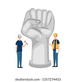 builders workers with helmets and hand fist