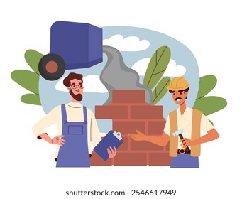 Constructores trabajando con ladrillos. Hombres con uniforme y casco de seguridad cerca de la hormigonera y la pared de ladrillo. Construcción, arquitectura e ingeniería. Ilustración vectorial plana aislada sobre fondo blanco