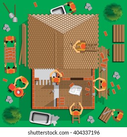 Builders working on the construction of the house. View from above. Vector illustration. Applique with realistic shadows.