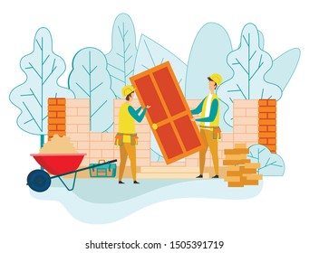 Builders Working on Construction Site with Bricks and Building Equipment around. Worker Giving to Colleague Wooden Door for House. Working Process, Engineer Occupation Cartoon Flat Vector Illustration